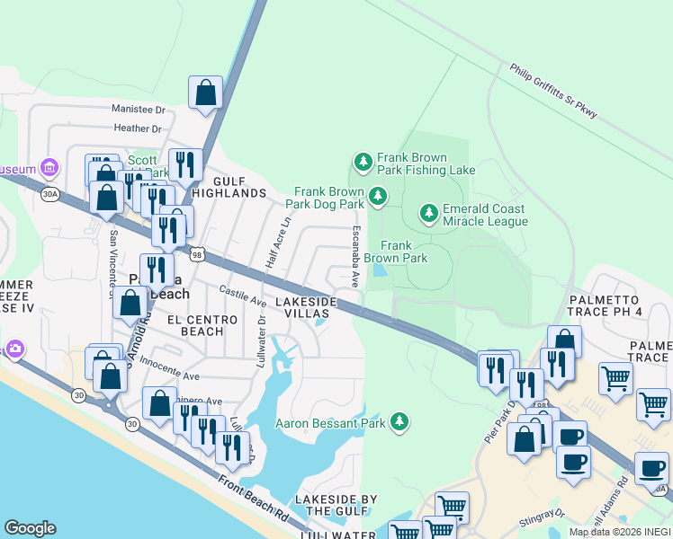 map of restaurants, bars, coffee shops, grocery stores, and more near 132 Colina Circle in Panama City Beach