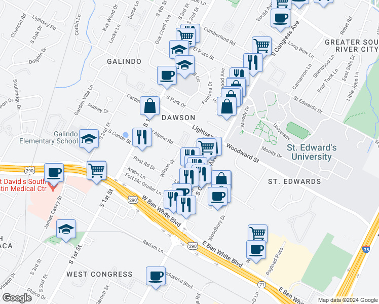 map of restaurants, bars, coffee shops, grocery stores, and more near 226 Alpine Road West in Austin