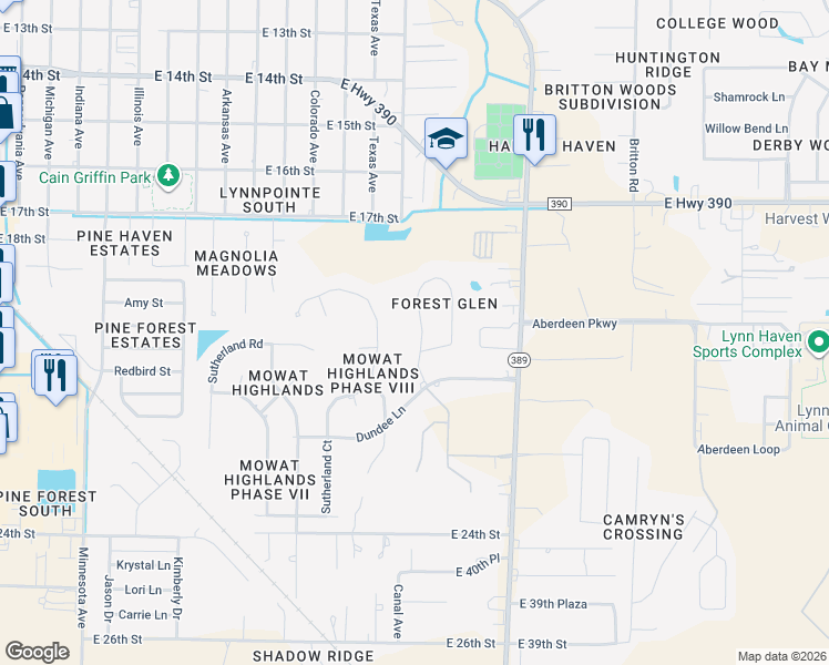 map of restaurants, bars, coffee shops, grocery stores, and more near 1416 Thurso Road in Lynn Haven
