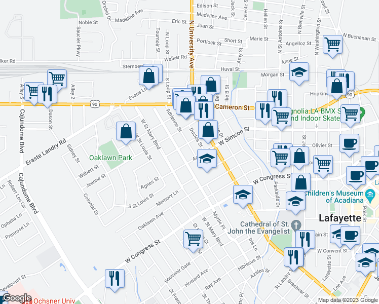 map of restaurants, bars, coffee shops, grocery stores, and more near 213 Adrienne Street in Lafayette
