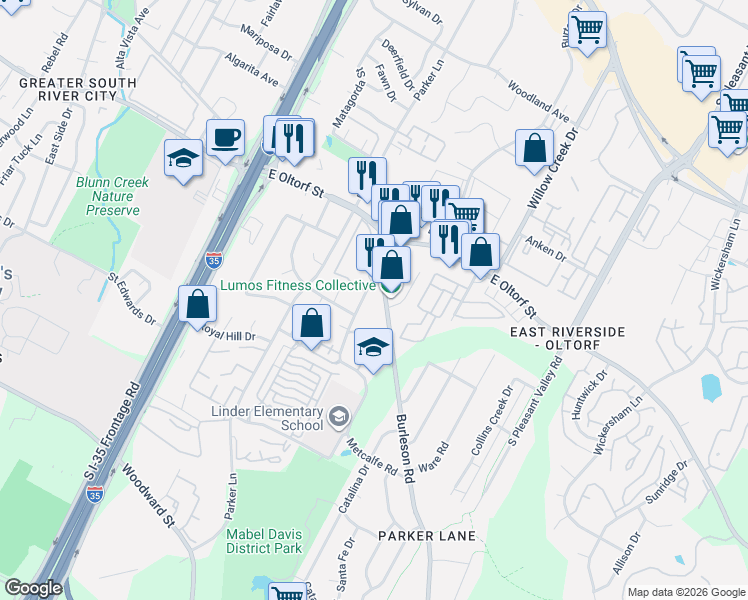 map of restaurants, bars, coffee shops, grocery stores, and more near 2411 1/2 Burleson Road in Austin