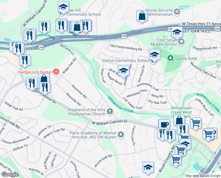 map of restaurants, bars, coffee shops, grocery stores, and more near 6416 Steer Trail in Austin