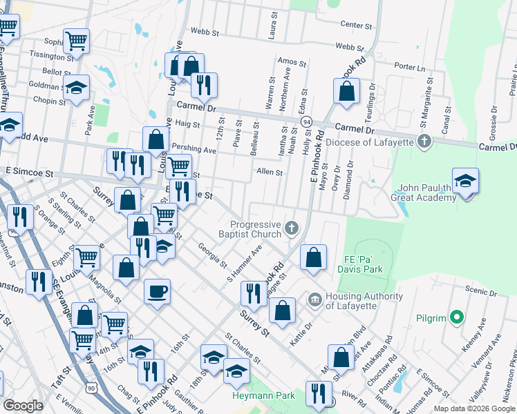 map of restaurants, bars, coffee shops, grocery stores, and more near 351-399 Clifford Road in Lafayette