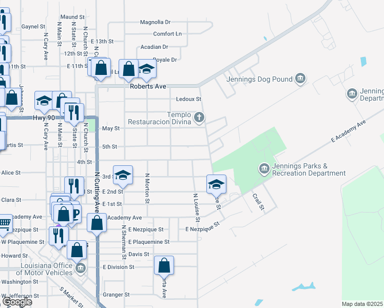map of restaurants, bars, coffee shops, grocery stores, and more near 5th Street in Jennings