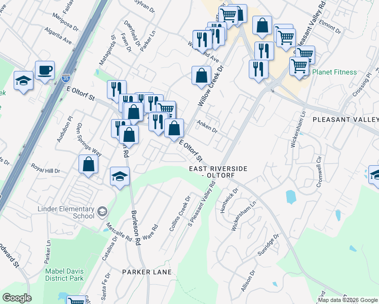 map of restaurants, bars, coffee shops, grocery stores, and more near 2401 East Oltorf Street in Austin