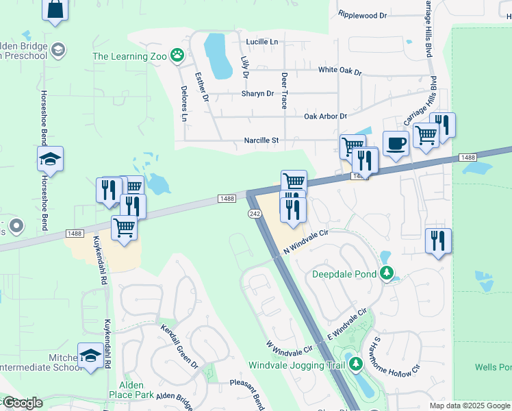 map of restaurants, bars, coffee shops, grocery stores, and more near 15275 College Park Drive in Conroe