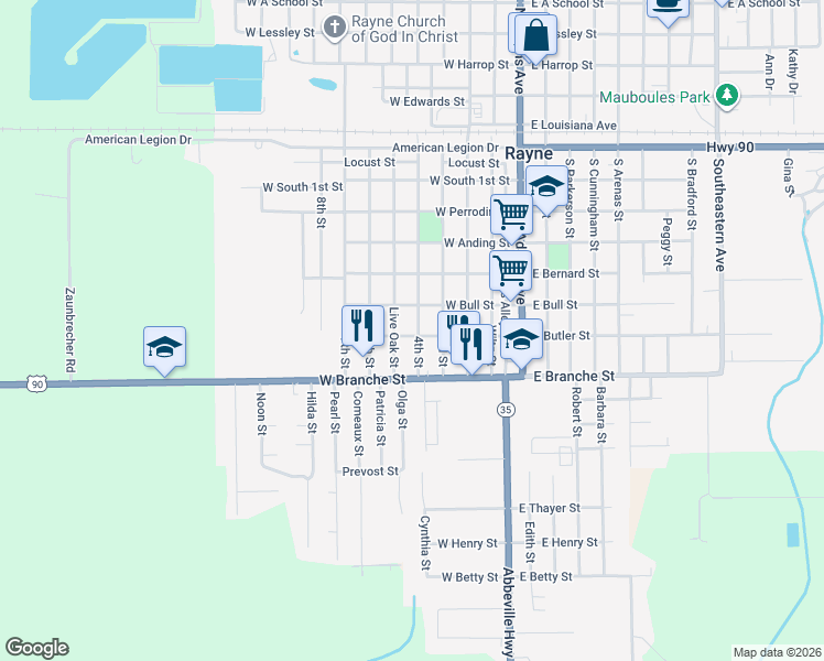 map of restaurants, bars, coffee shops, grocery stores, and more near 705 4th St in Rayne