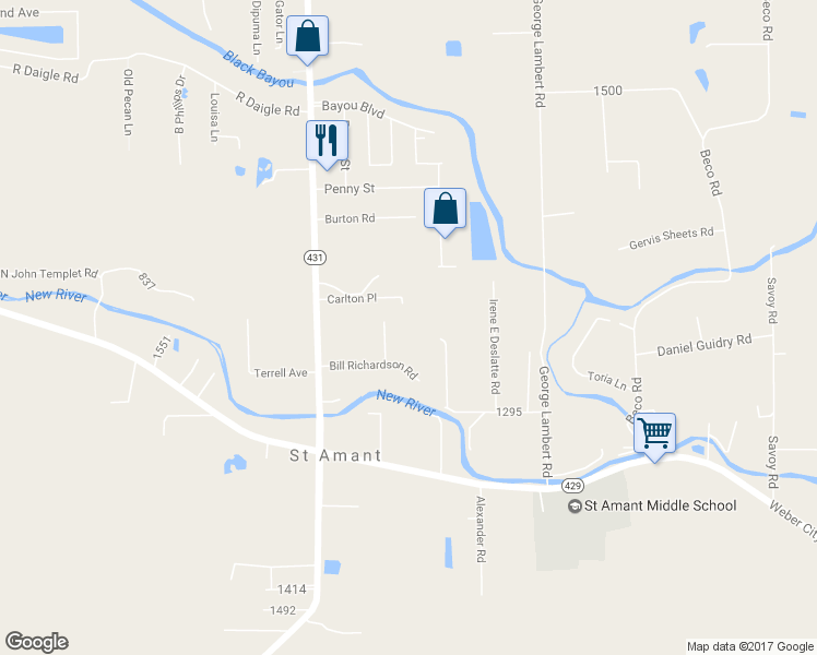 map of restaurants, bars, coffee shops, grocery stores, and more near 11088 A P Stevens Lane in Saint Amant