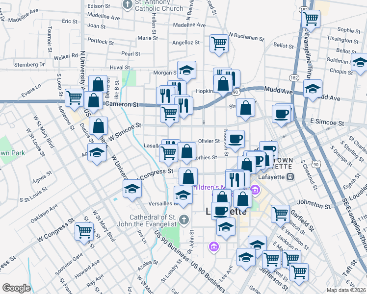 map of restaurants, bars, coffee shops, grocery stores, and more near 714 Olivier St in Lafayette