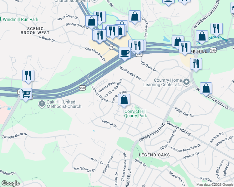 map of restaurants, bars, coffee shops, grocery stores, and more near 6803 La Concha Pass in Austin