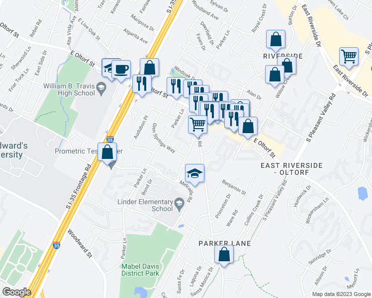 map of restaurants, bars, coffee shops, grocery stores, and more near 2502 Metcalfe Road in Austin