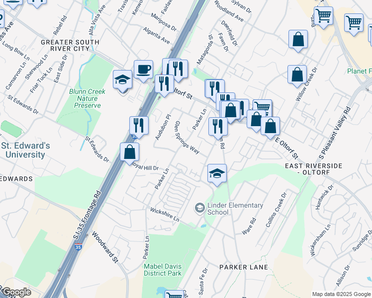 map of restaurants, bars, coffee shops, grocery stores, and more near 2505 Parker Lane in Austin