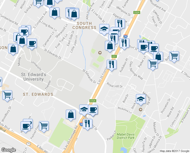 map of restaurants, bars, coffee shops, grocery stores, and more near 2715 Saint Edwards Circle in Austin