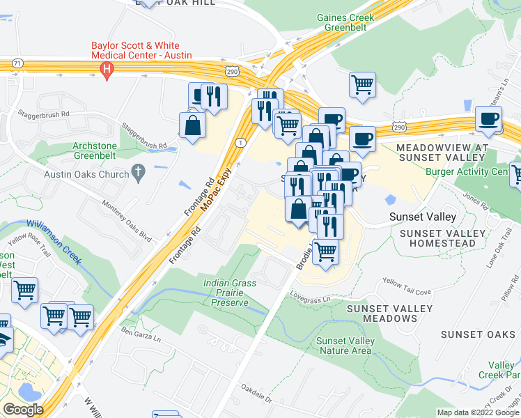 map of restaurants, bars, coffee shops, grocery stores, and more near 32 in Austin