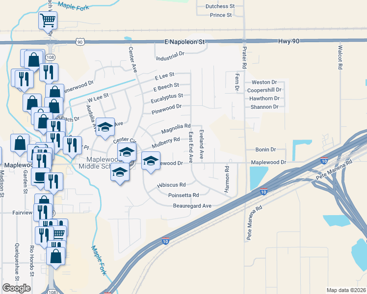 map of restaurants, bars, coffee shops, grocery stores, and more near 90 East End Avenue in Sulphur
