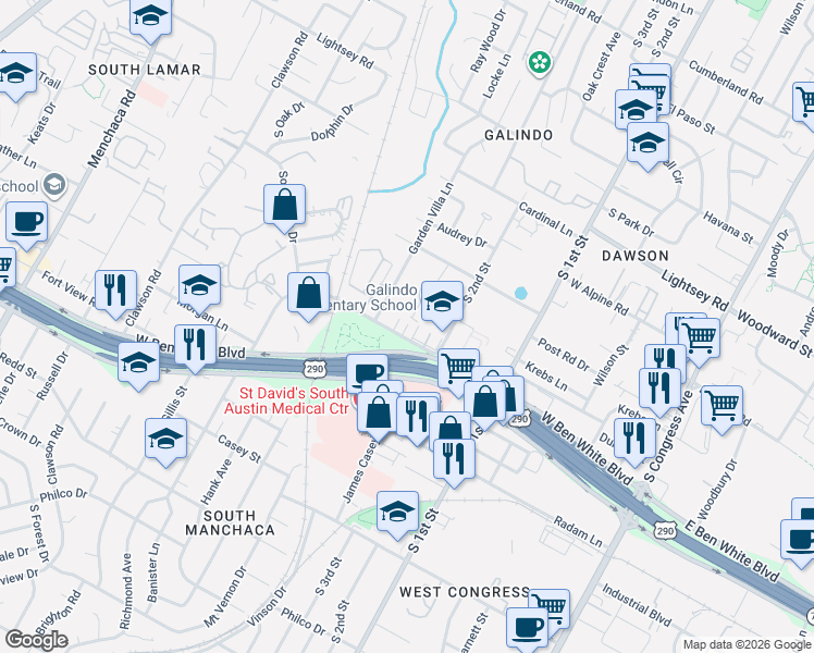 map of restaurants, bars, coffee shops, grocery stores, and more near 3817 Garden Villa Lane in Austin