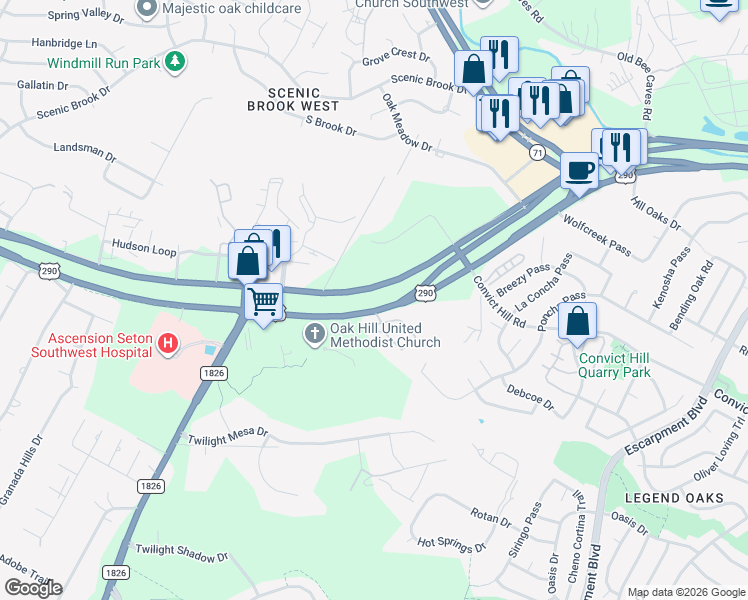 map of restaurants, bars, coffee shops, grocery stores, and more near 7631 U.S. 290 in Austin