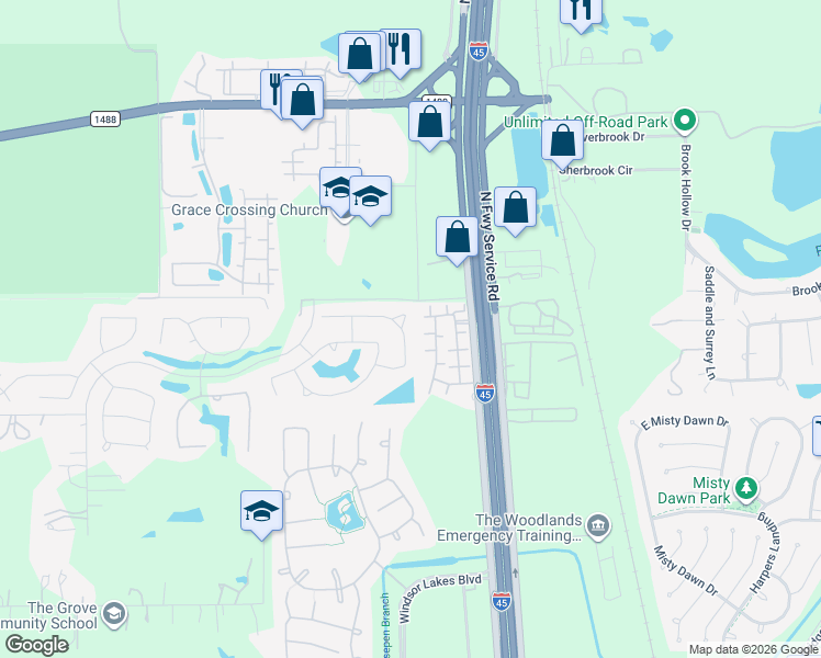 map of restaurants, bars, coffee shops, grocery stores, and more near 15610 Guinn Road in Conroe