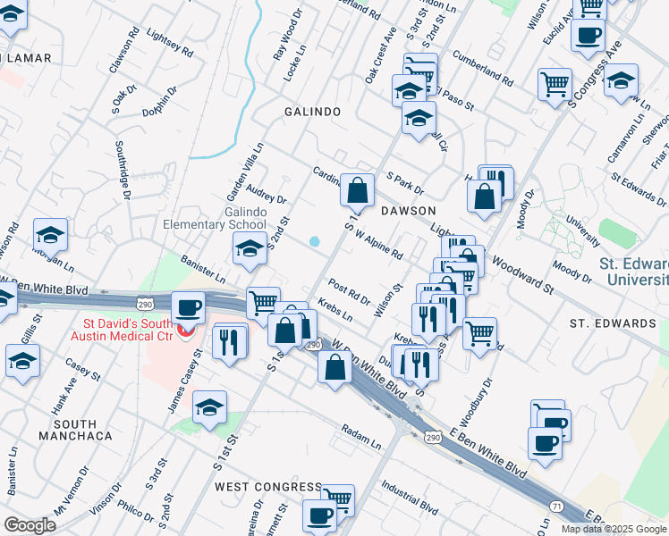 map of restaurants, bars, coffee shops, grocery stores, and more near in Austin