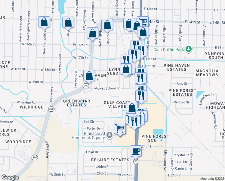 map of restaurants, bars, coffee shops, grocery stores, and more near 413 Mowat School Road in Lynn Haven