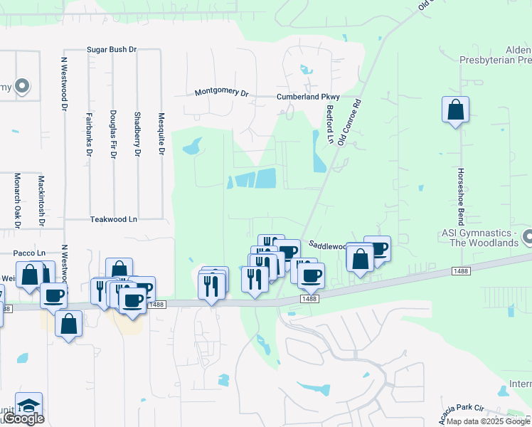map of restaurants, bars, coffee shops, grocery stores, and more near 340 Watermere Drive in Conroe