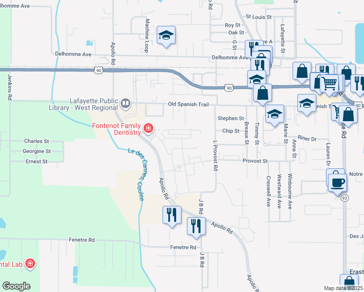 map of restaurants, bars, coffee shops, grocery stores, and more near 245 L Provost Road in Scott
