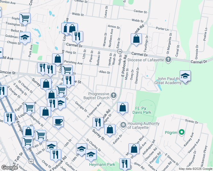 map of restaurants, bars, coffee shops, grocery stores, and more near 399 Clifford Road in Lafayette