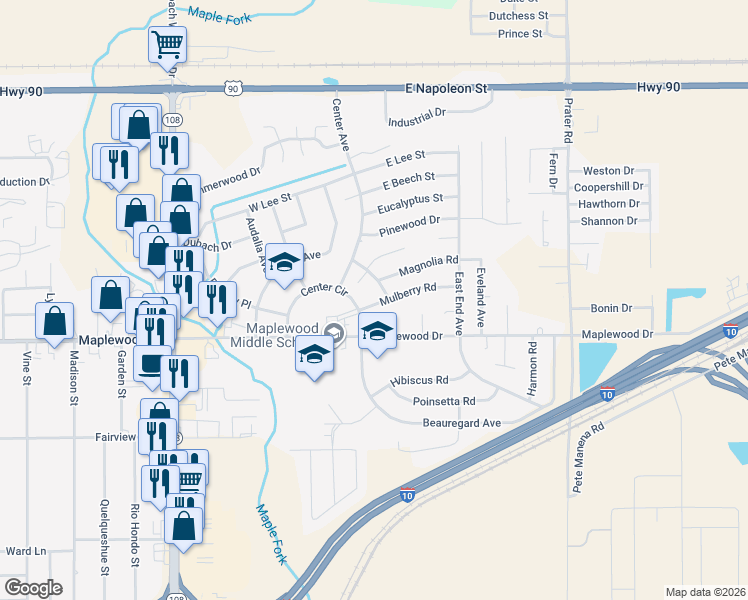 map of restaurants, bars, coffee shops, grocery stores, and more near 82 Dogwood Ln in Sulphur