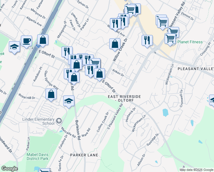 map of restaurants, bars, coffee shops, grocery stores, and more near 2307 Douglas Street in Austin
