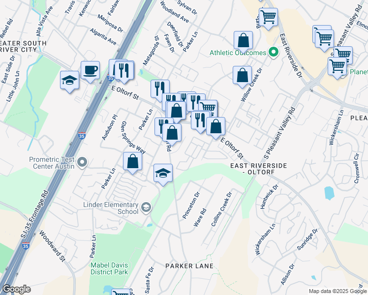 map of restaurants, bars, coffee shops, grocery stores, and more near 2409 Burleson Court in Austin