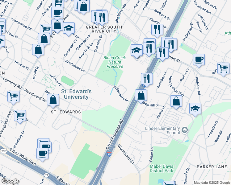 map of restaurants, bars, coffee shops, grocery stores, and more near 1301 Saint Edwards Drive in Austin