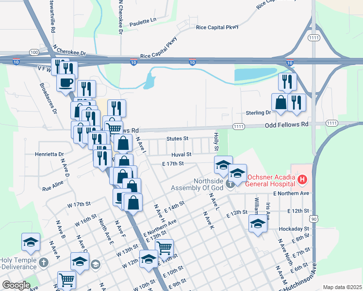 map of restaurants, bars, coffee shops, grocery stores, and more near 1824 Cherry Street in Crowley