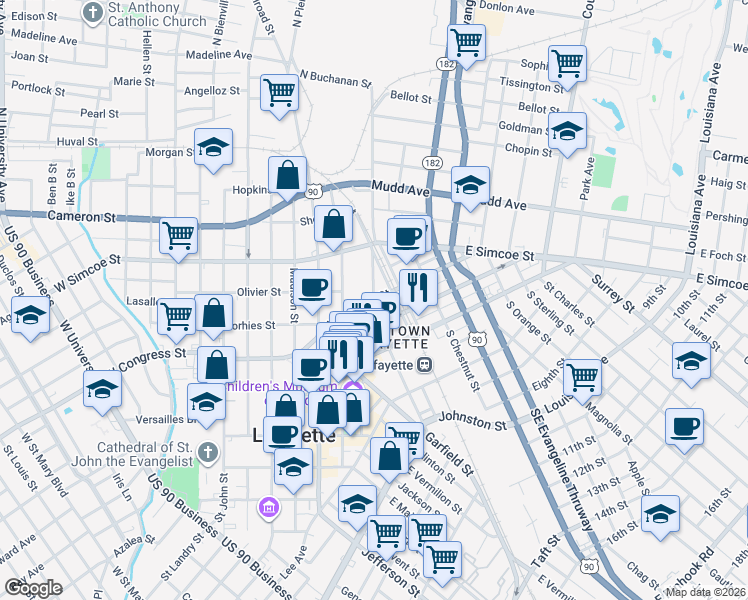 map of restaurants, bars, coffee shops, grocery stores, and more near 100 West Second Street in Lafayette