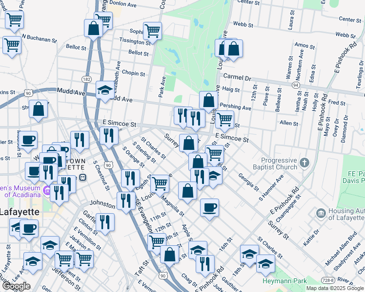 map of restaurants, bars, coffee shops, grocery stores, and more near 309 Surrey Street in Lafayette