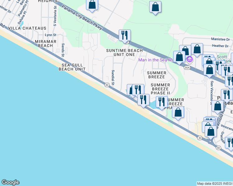 map of restaurants, bars, coffee shops, grocery stores, and more near 17517 Front Beach Road in Panama City Beach