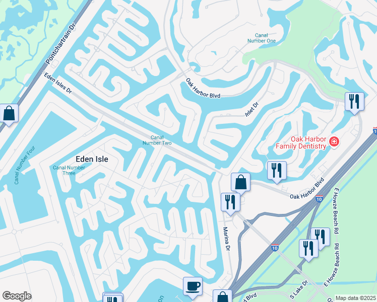 map of restaurants, bars, coffee shops, grocery stores, and more near 96 Inlet Drive in Slidell