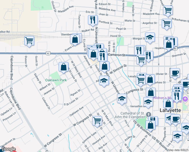 map of restaurants, bars, coffee shops, grocery stores, and more near 230 Adrienne Street in Lafayette