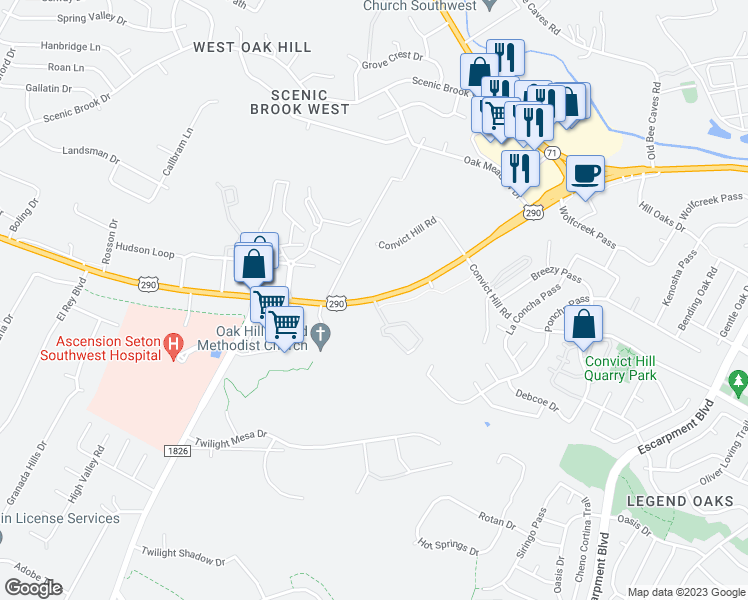 map of restaurants, bars, coffee shops, grocery stores, and more near 7631 Hwy 290 W in Austin