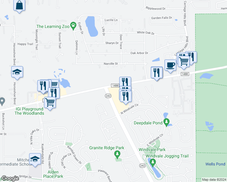 map of restaurants, bars, coffee shops, grocery stores, and more near 9480 College Park Drive in The Woodlands