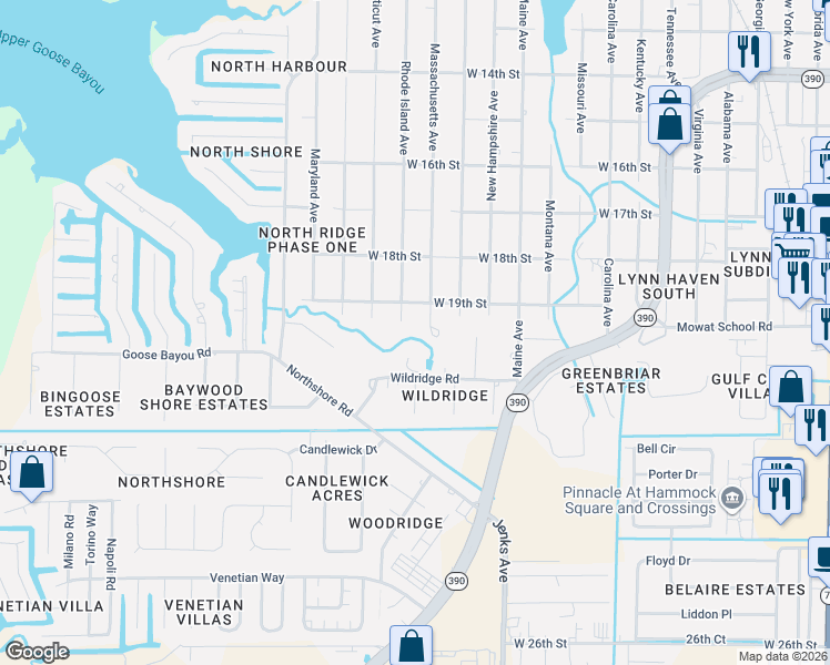 map of restaurants, bars, coffee shops, grocery stores, and more near 1902 Massachusetts Avenue in Lynn Haven