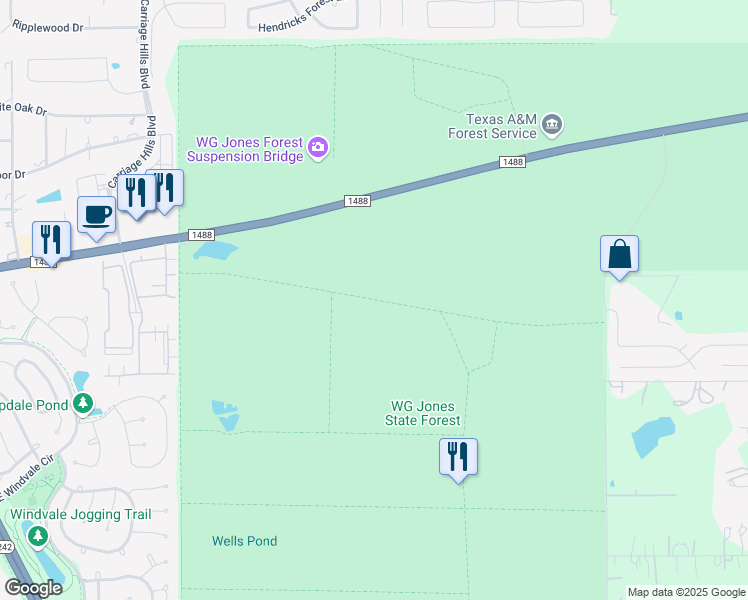 map of restaurants, bars, coffee shops, grocery stores, and more near Gravel Pit Trail in Conroe