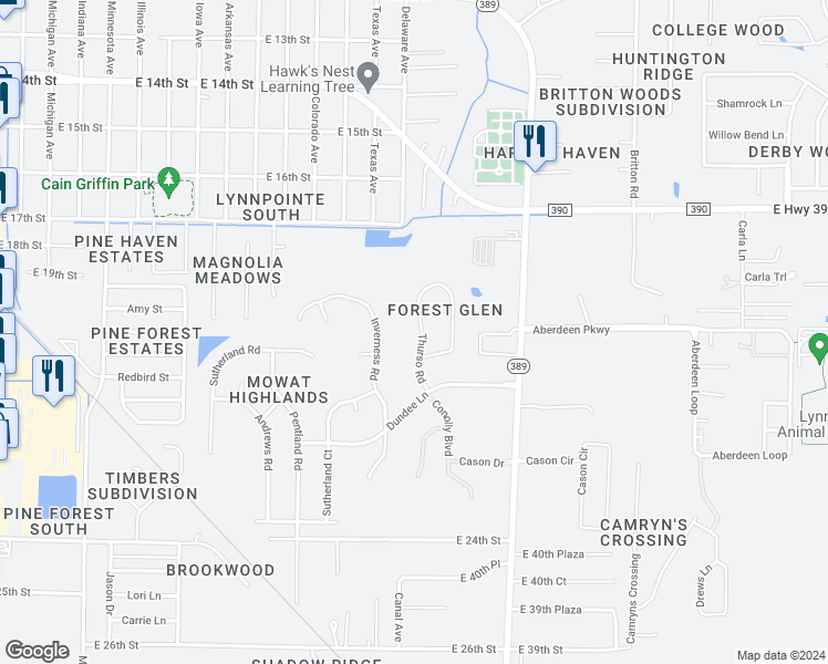 map of restaurants, bars, coffee shops, grocery stores, and more near 1414 Thurso Road in Lynn Haven
