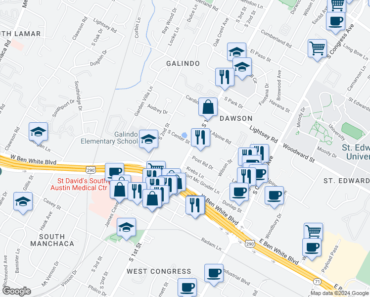 map of restaurants, bars, coffee shops, grocery stores, and more near 3700 South 1st Street in Austin