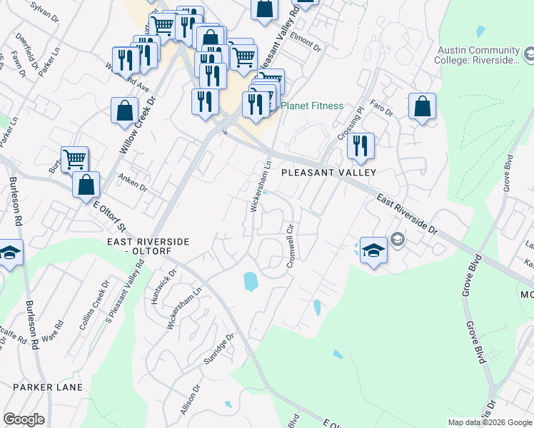 map of restaurants, bars, coffee shops, grocery stores, and more near 2207 Wickersham Lane in Austin