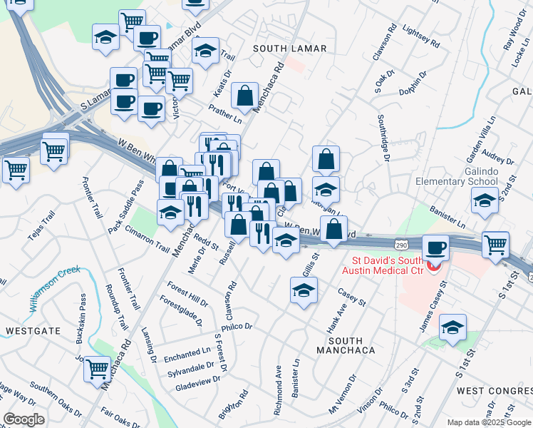 map of restaurants, bars, coffee shops, grocery stores, and more near 1711 Fort View Road in Austin