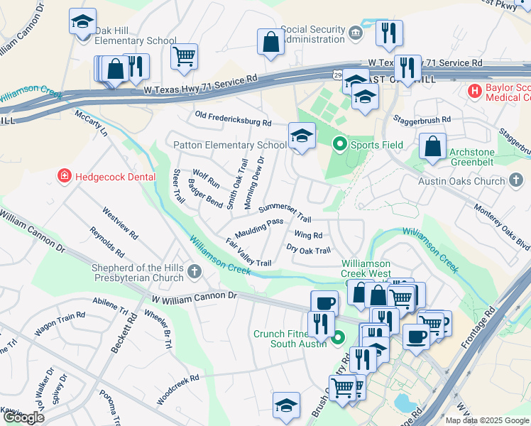map of restaurants, bars, coffee shops, grocery stores, and more near 6214 Sun Vista Drive in Austin