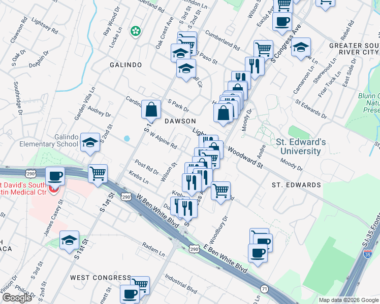 map of restaurants, bars, coffee shops, grocery stores, and more near 3505 Alpine Circle in Austin