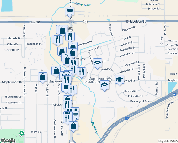 map of restaurants, bars, coffee shops, grocery stores, and more near 204 Beverly Place in Sulphur