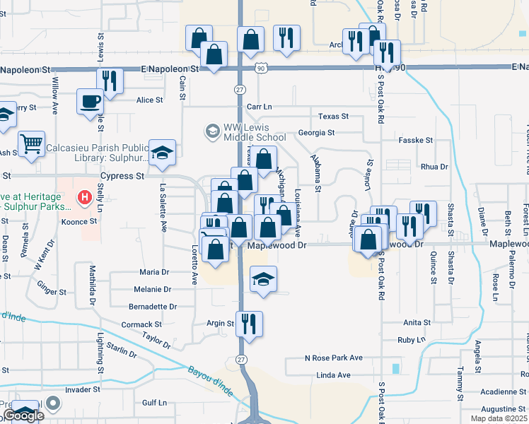 map of restaurants, bars, coffee shops, grocery stores, and more near 950 Beglis Parkway in Sulphur
