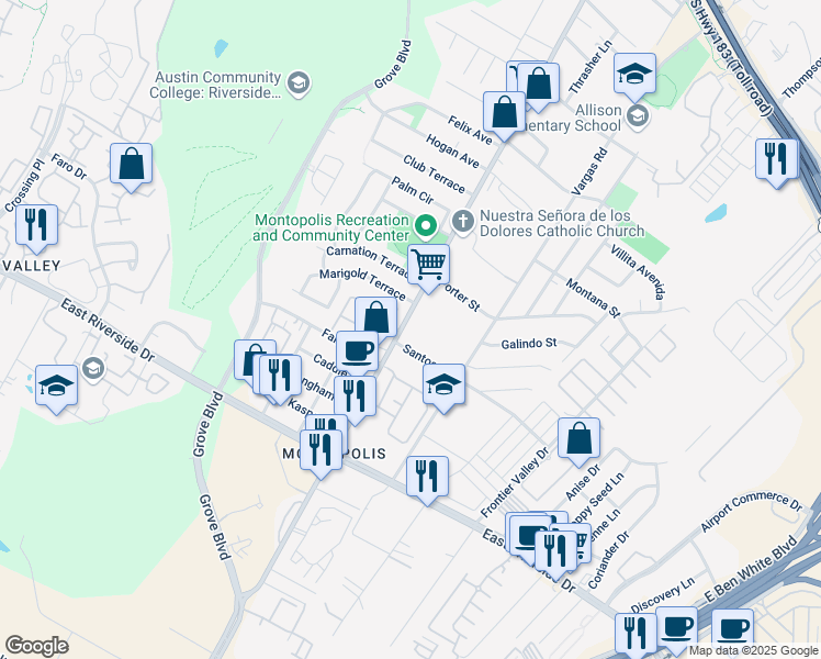 map of restaurants, bars, coffee shops, grocery stores, and more near 6118 Fairway Street in Austin